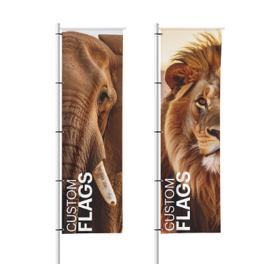 Set of two vertical custom flags mounted on poles, one featuring an elephant and the other a lion, both labeled 