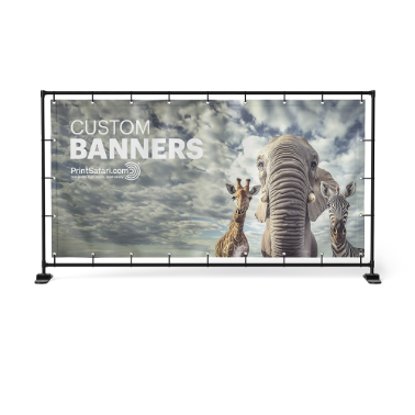 Large custom vinyl banner displayed on a black metal frame, featuring an elephant, giraffe, and zebra under a dramatic cloudy sky with the text 