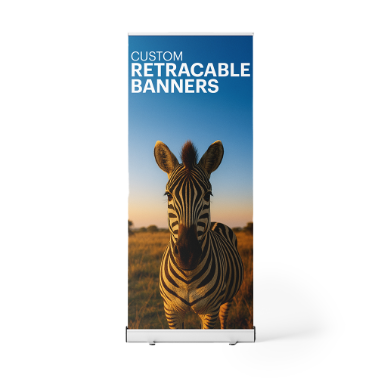 Custom retractable banner with a front-facing zebra against a blue and golden sunset background, titled 
