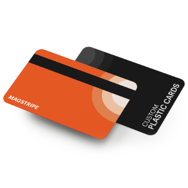 Two plastic cards with rounded corners, featuring a bold orange and black modern design, slightly overlapped on a white background.