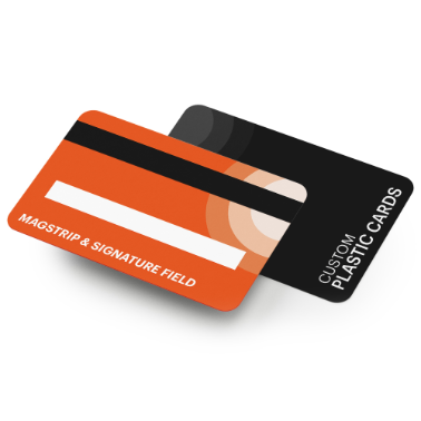 Close-up of the front and back sides of custom plastic cards with sleek orange and black styling and geometric patterns.