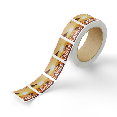 Roll of custom rectangular labels featuring a sunset landscape with the text 