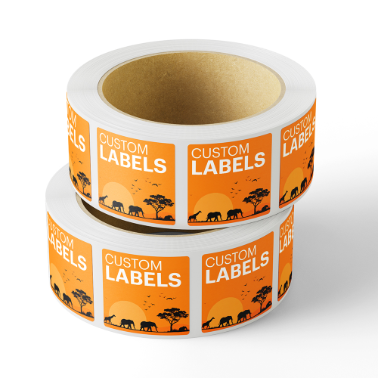 Two rolls of square custom labels with bright orange backgrounds, showcasing silhouettes of elephants and trees with the text 