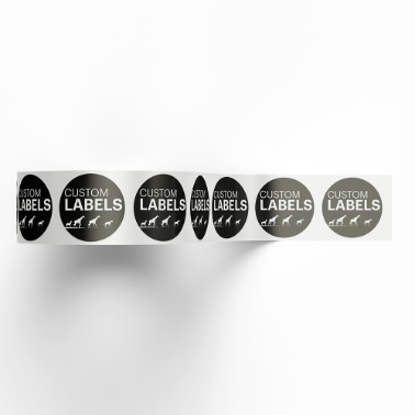 Strip of circular custom labels in gradient shades from black to light gray, each with the text 