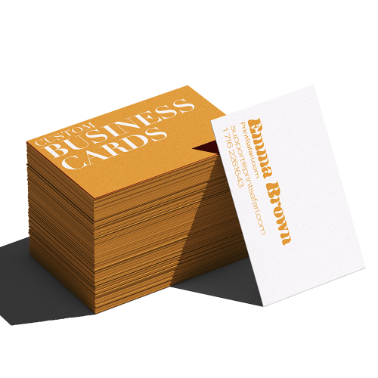 Stack of custom business cards in a bold orange design with one card flipped to show the contact details for 