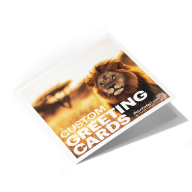 Custom greeting card featuring a close-up of a lion in a warm savannah setting with bold 