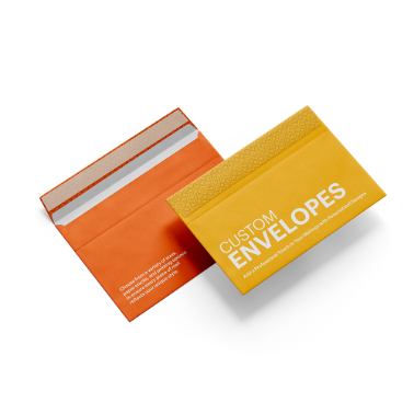 Two custom padded envelopes in orange and yellow, one opened and one closed, labeled 