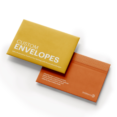 Yellow and orange custom envelopes laid flat on a white background, showcasing the front design and flap detail with the PrintSafari.com logo.