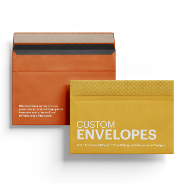 Pair of custom envelopes, one in orange with an open adhesive flap and the other closed in yellow with bold text 