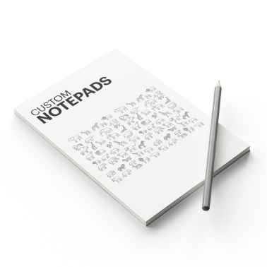 Custom notepad with a white cover printed with small animal illustrations and the title 