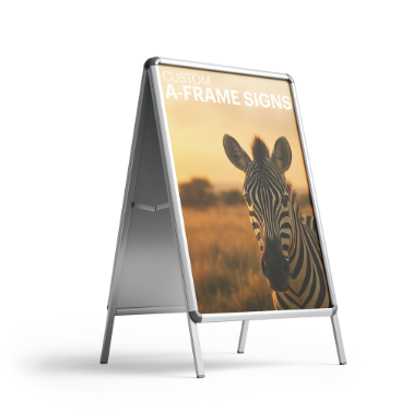 Custom A-frame sign with a full-color zebra image and the text 