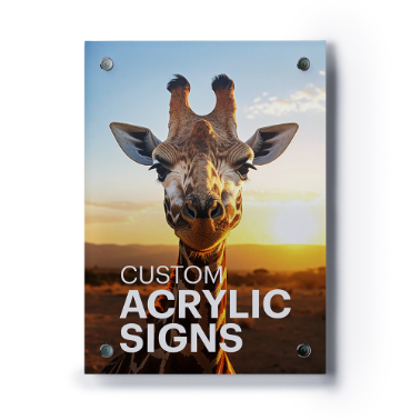 Acrylic sign featuring a giraffe portrait at sunset with the text