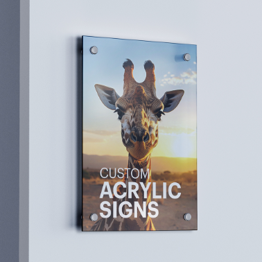 Acrylic sign with giraffe and sunset design, text