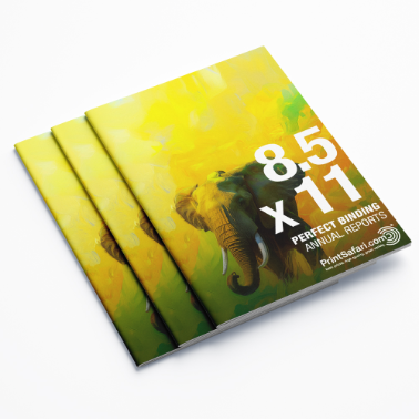 Three annual reports stacked diagonally, featuring a bold elephant design on the yellow-green cover, against a white background.