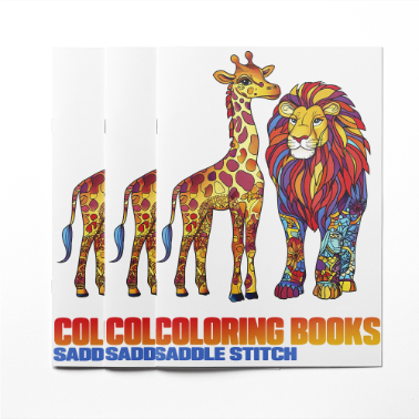 Set of coloring books with vibrant animal illustrations of giraffes and a lion on the cover, titled 