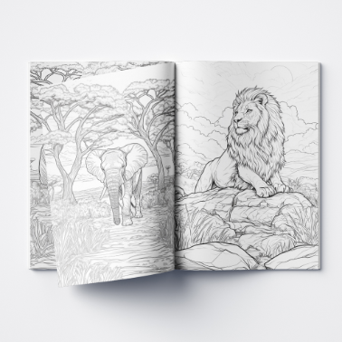Open coloring book displaying black-and-white animal line drawings, ready to be colored in, laid flat on a white background.