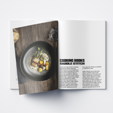 Opened cooking book showing a full-page food image on the left and text layout on the right, with the title 