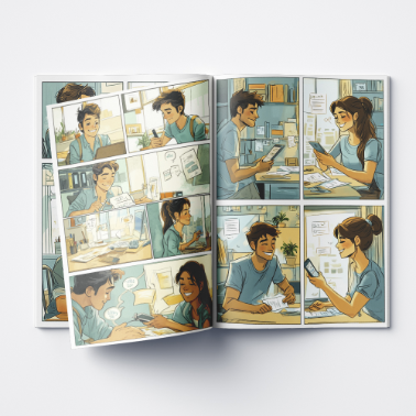 Opened comic book revealing full-color comic strip panels with characters in various action scenes, laid flat on a white background.