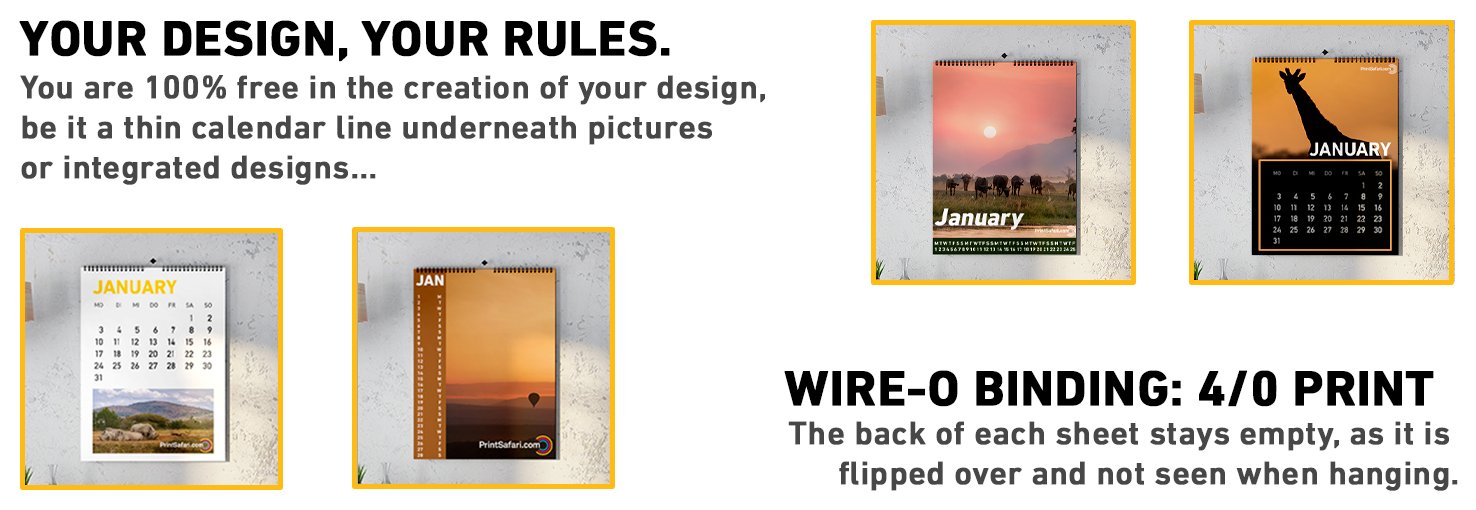 Four wire-o calendars hanging on a wall with different safari-related motives.