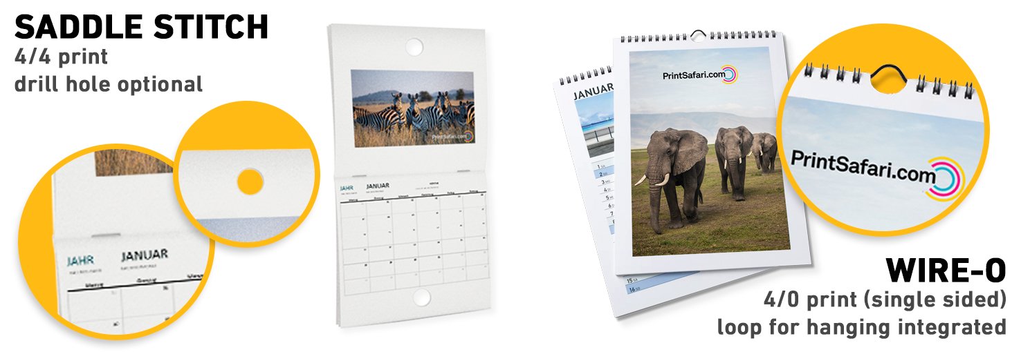 Visualisation of a saddle stitched calendar and a wire-o calendar.
