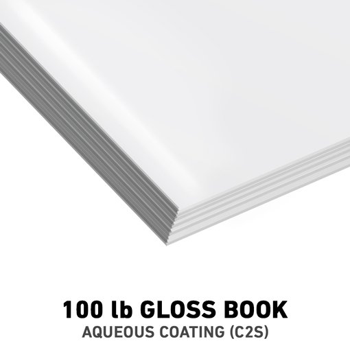 A stack of 100 lb gloss book paper with aqueous coating (c2s).