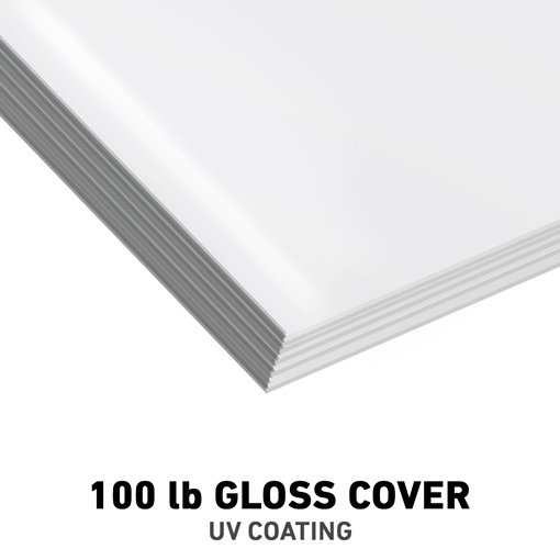 A stack of 100 lb gloss cover paper with uv coating