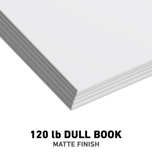 A stack of 120 lb Dull Book paper with matte finish.