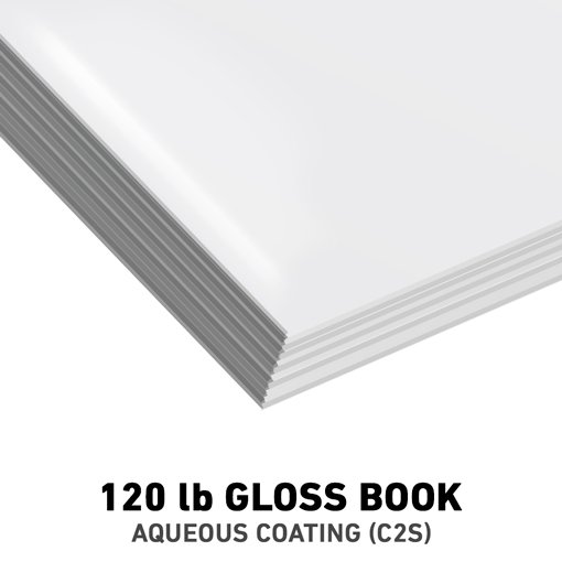 A stack of 102 lb Gloss Book paper with aqueous coating.