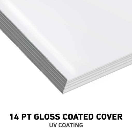 A stack of 14 pt gloss coated cover paper with uv coating