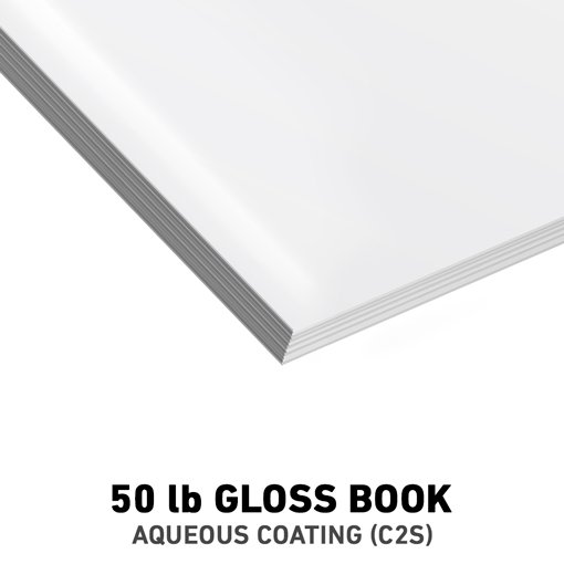 A stack of 50 lb gloss book paper with aqueous coating (c2s)