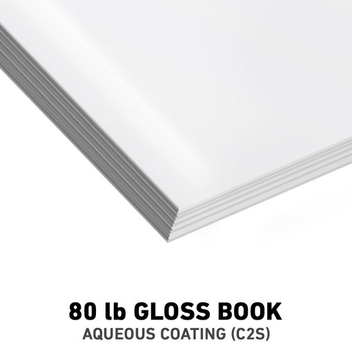 A stack of 80 lb gloss book paper with aqueous coating.