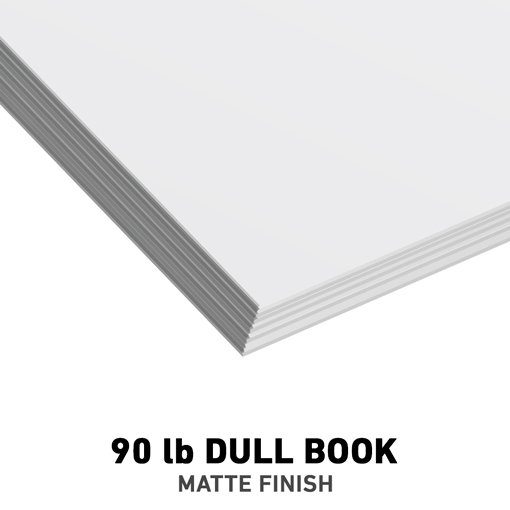 A stack of 90 lb dull book paper with matte finish.