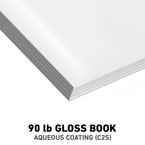 A stack of 90 lb gloss book paper with aqueous coating (c2s).