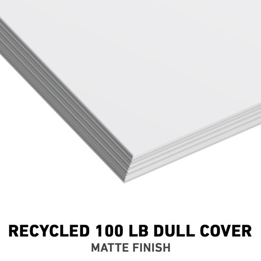 A stack of 100 lb recycled dull cover paper with matte finish