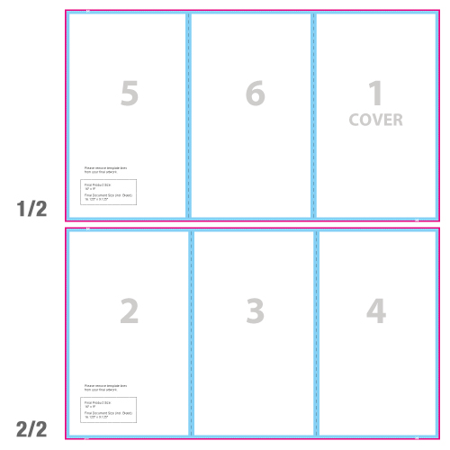 Template for a print file setup of a 6-page trifold brochure.