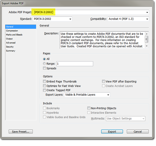 Screenshot of the Adobe PDF Export window.