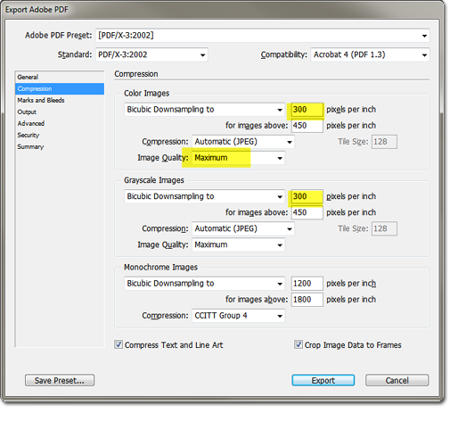 Screenshot of the Adobe PDF Export window.