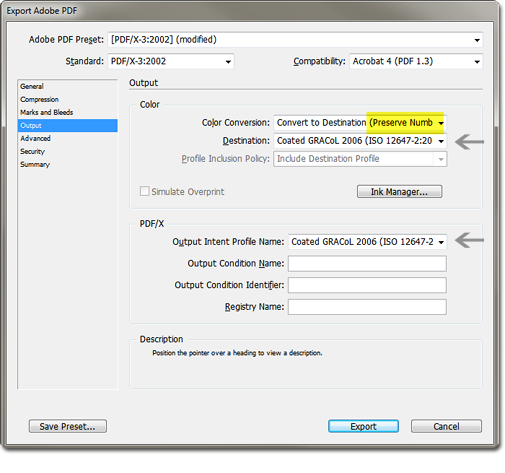 Screenshot of the Adobe PDF Export window.