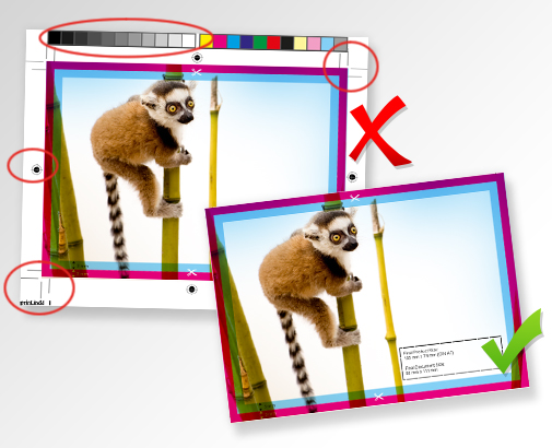 Two print files with and without printer marks.