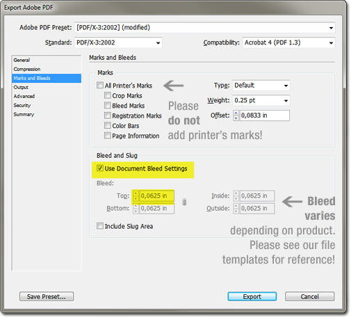 Screenshot of the Adobe PDF Export window.