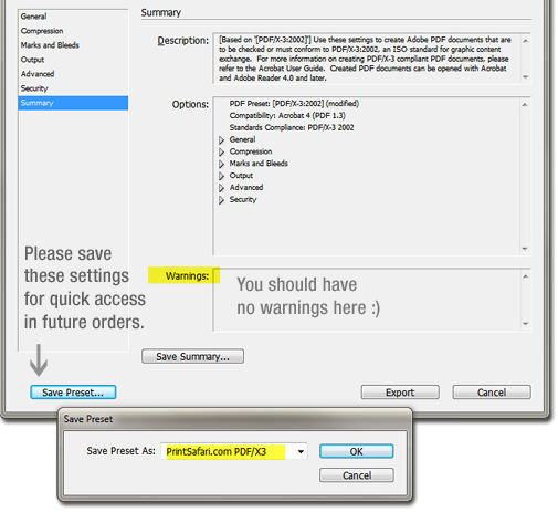 Screenshot of the Adobe PDF Export window.